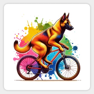 Watercolor Belgian Malinois Dog Riding A Bike Magnet